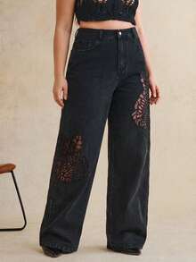 Anewsta Jeans rectos negros de pierna para mujer, con bordados románticos y lados huecos, de moda, lujosos y sexys, para fiestas y vacaciones, primavera/verano - Negro - Ver 3