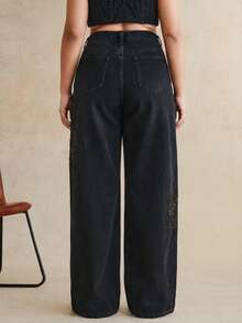 Anewsta Jeans rectos negros de pierna para mujer, con bordados románticos y lados huecos, de moda, lujosos y sexys, para fiestas y vacaciones, primavera/verano - Negro - Ver 7