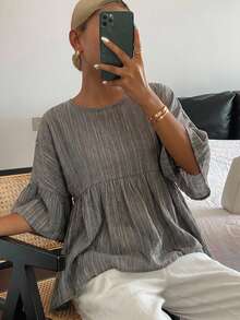 FRIFUL Women's Gray Ruffled Collar Blouse, Summer Wear,Babydoll Top - Grey - View 10