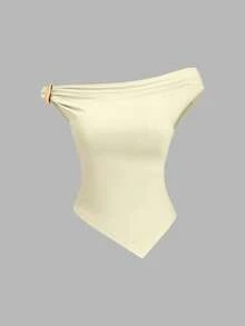 Sweetra 女士夏季欧美时尚纯色三件套，金属装饰扭结下摆不对称下摆修身休闲通勤百搭T恤 - 彩色 - 查看 3