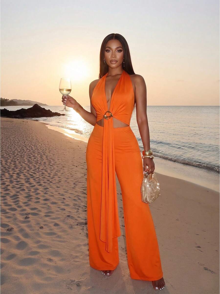 SOLERSUN Women's Elegant Burgundy Sleeveless Deep V-Neck Cutout Waist Metal Decorated Draped Sash Wide Leg Jumpsuit,Elegant Formal Romper For Evening/Party/Date - Orange - View 1