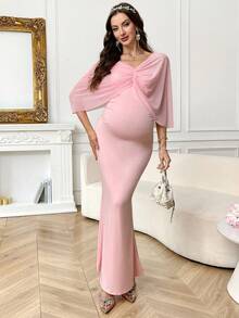 SHEIN Đầm dự tiệc và dạo phố thanh lịch cổ chữ V xếp ly màu trơn dành cho bà bầu - Hồng - Xem 5
