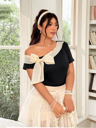 Celure 夏季大码优雅蝴蝶设计不对称领口修身短袖 T 恤