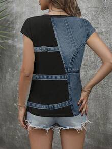Camiseta de mujer de cuello en V y mangas raglán con diseño floral vintage elegante - Negro - Ver 2