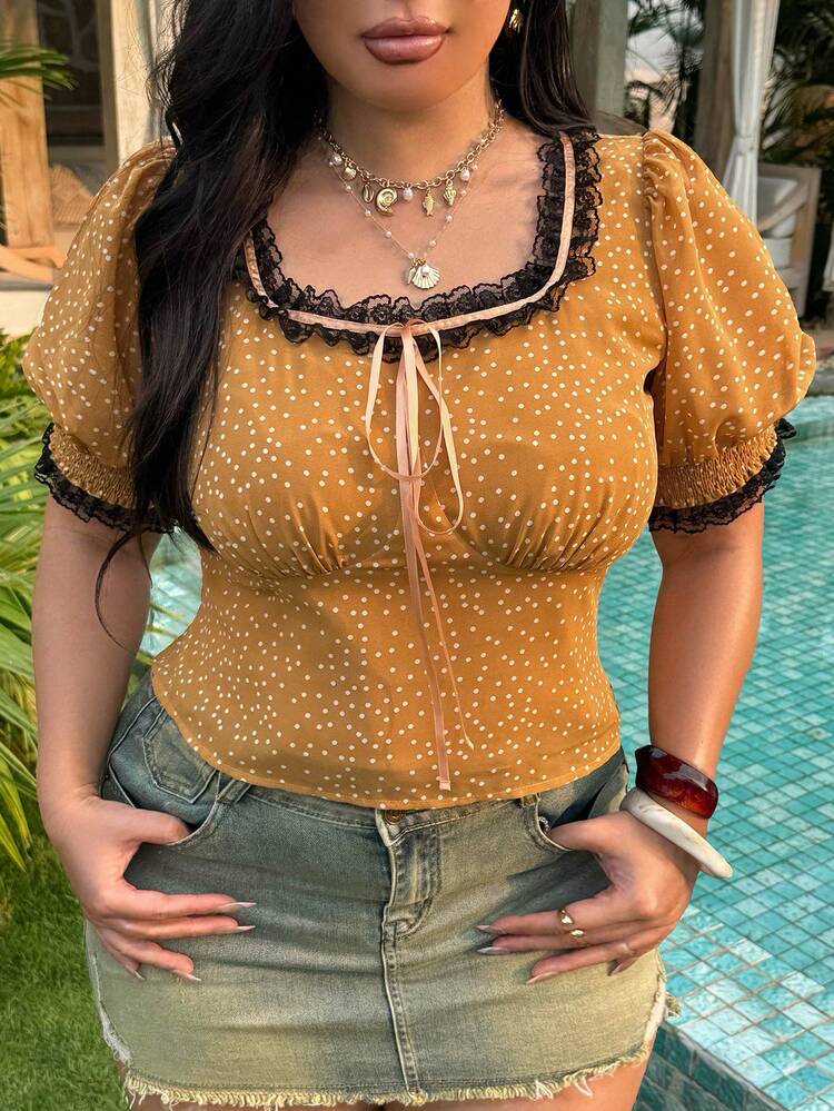 Dazy Plus Elegant Fitted Polka Dot Contrast Lace Petal Sleeve Plus Size Yellow Blouse, Vacation Style For Spring/Summer