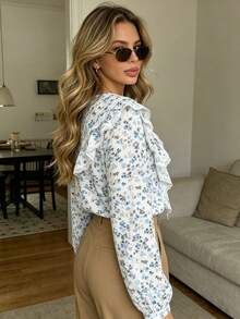 Pariaura 2025 New Arrival Shirt Collar Blouse, Long Sleeve With Ruffled Trim & Tie Accent, Contrast Ruffled Panel, Simple Casual Workwear Essential - Multicolor - View 3