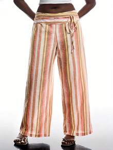 SHEIN EZwear 彩色条纹系带拼接加大码休闲裤，春夏款 - 橘色 - 查看 4