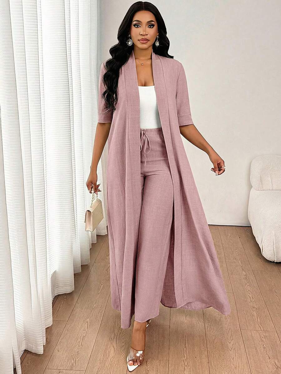 SHEIN Lady 女士优雅休闲通勤度假简约纯色长款开衫外套和宽松直筒裤两件套,适合所有季节 - 藕粉色 - 查看 1