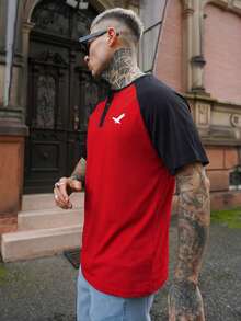 Artur Kramer Summer New Men Short Sleeve T-Shirt, Off-Shoulder Henley Collar, Eagle Print Pattern, Comfortable Versatile Casual Outdoor Sports Undershirt - Red - View 6