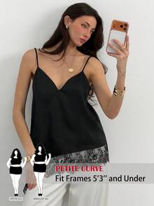 SHEIN PETITE CURVE Áo hai dây màu đen phối ren, vạt bất đối xứng, dành cho nữ cỡ lớn, gợi cảm và đa năng, hoàn hảo cho ngày Valentine. - màu đen - Xem 1