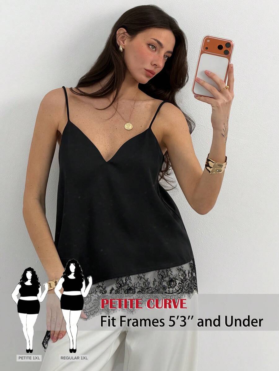 SHEIN PETITE CURVE Áo hai dây màu đen phối ren, vạt bất đối xứng, dành cho nữ cỡ lớn, gợi cảm và đa năng, hoàn hảo cho ngày Valentine. - màu đen - Xem 1