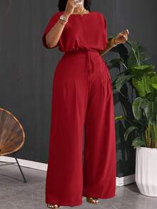 Slaydiva 2pcs Plus Size Women Set,Red Elegant Satin Summer Work Outfit,Loose Drop Shoulder Crop Top With Drawstring Hem & Wide Leg Pants With Pockets,Party - Red - View 1