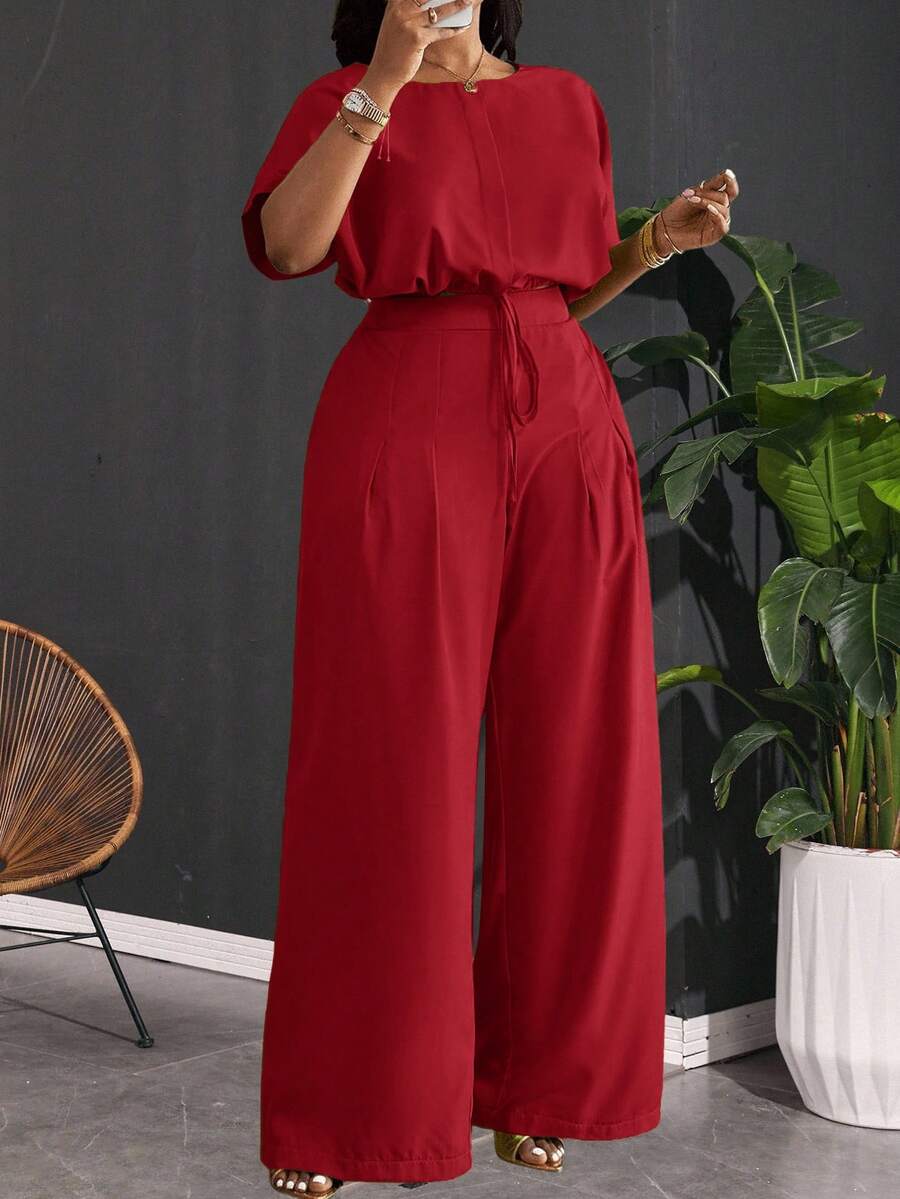 Slaydiva 2pcs Plus Size Women Set,Red Elegant Satin Summer Work Outfit,Loose Drop Shoulder Crop Top With Drawstring Hem & Wide Leg Pants With Pockets,Party - Red - View 1