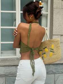DAZY 女士蕾丝透视性感修身斜肩露背系带休闲沙滩夏季吊带背心 - 綠色 - 查看 3