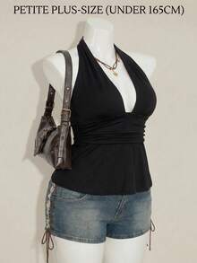 SHEIN PETITE CURVE قميص كاميسول صيفي مريح للنساء ذوات الأحجام الكبيرة، بلون أحادي، مطوي الخصر، ظهر مكشوف، رباط أمامي - الأسود - مشاهدة 1
