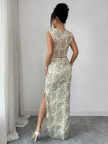 SHEIN Raffinéa Bộ đồ 2 mảnh thanh lịch dành cho nữ, gồm áo hai dây và chân váy xếp ly bằng vải lưới in họa tiết chấm bi. - màu xanh lá - Xem 2
