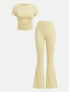 SHEIN Girlism Tween Girls' Casual Fitted Yellow Ruched Crew Neck Top And Ruched Flare Pants Set - Yellow - View 9