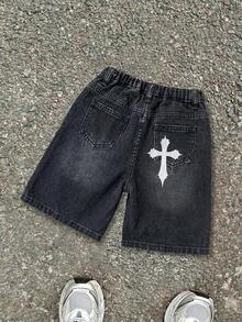 Quần short denim rộng rãi thêu chữ thập cho bé trai, màu xanh dương. - màu đen - Xem 2