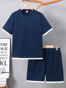 SHEIN Setelan Kasual 2 Potong untuk Remaja Laki-laki, Terdiri dari Kaos Lengan Pendek dan Celana Pendek dengan Motif Huruf, Cocok untuk Bepergian, Sekolah, Pakaian Sehari-hari, Olahraga, Musim Semi/Panas. - Navy Blue - View 3