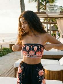CAJUNI Conjunto de vacaciones con top bandeau corto y falda con estampado floral para mujer - Negro - Ver 3