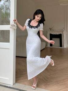 Modelyn Đầm midi mùa hè thanh lịch kiểu Pháp, chất liệu lưới trắng chấm bi phối ren xếp nếp, dành cho nữ. - Đen và trắng - Xem 7