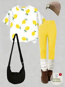 夏季新款女童两件套，可爱柠檬印花短袖上衣T恤+黄色紧身打底裤，女童休闲运动装 - 彩色 - 查看 1