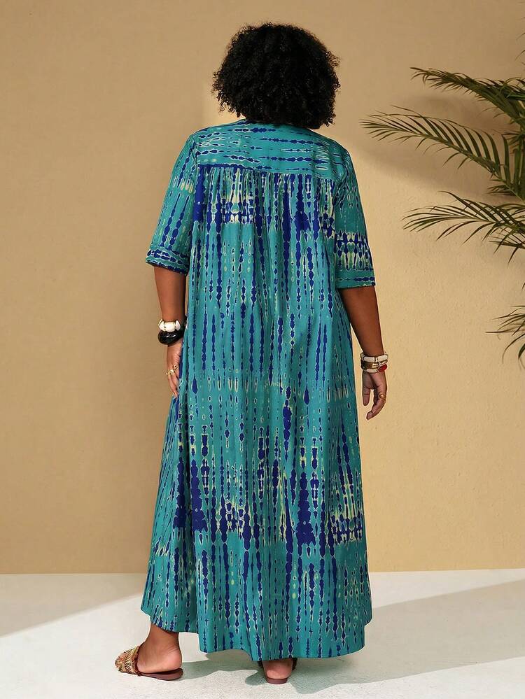 Plus Size Women's Spring Casual Tie-Dye Printed Blue Long Dress,Plus Size Women's Summer Casual Vacation Loose Fit BlueTie-Dye Printed Long Dress, Spring For Summer/ Vacation,Summer Holiday,Spring Break Outfits ,Vacation Outfits Women ,Holiday Outfits For Women,Going Out Outfits,2026 New Clothes,Simple And Fashionable For Everyday Wear,Casual Dresses For Women,Flowy Long Dress ,Suitable For Summer, Vacation, Commute, Daily Wear,Gifts For Mother