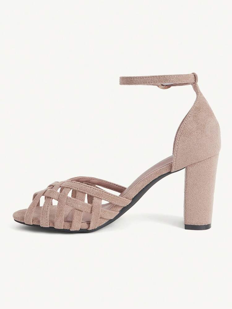 CUCCOO CHICEST Women Shoes Spring And Summer New Hollow Woven Open Toe Round Toe Thick Heel Back Bag With Buckle 8.5cm Women's High Heel Sandals Suede Solid Color Elegant Versatile Daily Dating Women's Shoes
