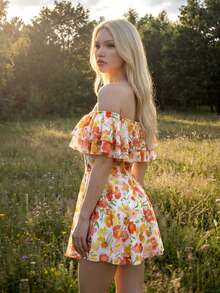 Sweetina 女士优雅度假风全身印花露肩荷叶边腰部迷你连衣裙，夏季 - 黃色 - 查看 2