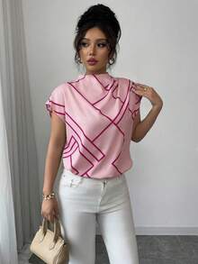 Elenzga Women's Spring/Summer Casual Elegant Mandarin Collar Asymmetric Geometric Digital Print Short Sleeve Blouse Blouse For Women Elegant Classy Pink Gingham Latest Tops For Women New Arrivals Elegant Top For Woman Pink Scarf Top Hot Pink Business Casual Women Tops Geometric Print Top Pink Blouse Women - Pink - View 5