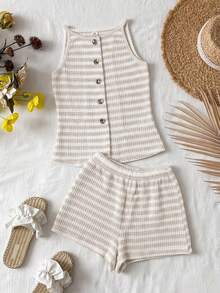 Travachic KIDS Set Atasan Camisole Rajut Bergaris dan Celana Pendek Pinggang Elastis untuk Liburan Anak Perempuan Remaja - Aprikot - View 3