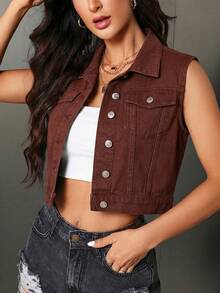 SHEIN Essnce Áo vest denim nữ cài một hàng khuy kiểu dáng thường ngày - Cà phê nâu - Xem 3