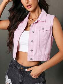SHEIN Essnce Women's Summer Fashion Front Button Flap Pocket Sleeveless Denim Jacket - Pink - View 3