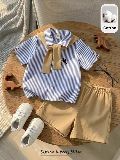 Cozy Pixies 男婴条纹图案 Polo 领短袖衬衫、松紧腰短裤、披肩三件套