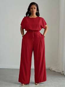 Slaydiva 2pcs Plus Size Women Set,Red Elegant Satin Summer Work Outfit,Loose Drop Shoulder Crop Top With Drawstring Hem & Wide Leg Pants With Pockets,Party - Red - View 7