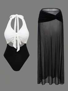 Swim Oasis 2 pièces Ensemble de plage pour femmes, tenue d'été mignonne pour vacances et fête à la piscine, maillot de bain texturé noir & blanc avec lien devant, col ras-du-cou ajouré & jupe maxi - Noir et Blanc - Voir 1