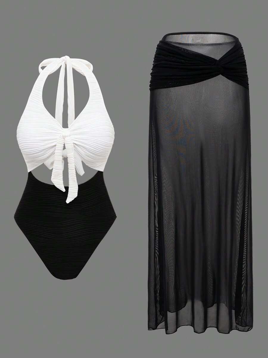 Swim Oasis 2 pièces Ensemble de plage pour femmes, tenue d'été mignonne pour vacances et fête à la piscine, maillot de bain texturé noir & blanc avec lien devant, col ras-du-cou ajouré & jupe maxi - Noir et Blanc - Voir 1