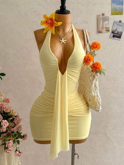 Soleia Vestido casual de verano/primavera para mujer de talla grande, vestido mini sexy con escote en V, lazo halter y volantes