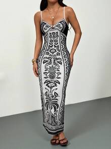 SHEIN PETITE Đầm dài mùa hè dành cho nữ, phong cách boho nhiệt đới, họa tiết hoa, dây mảnh, kiểu dáng thoải mái, chất liệu dệt kim, thích hợp cho kỳ nghỉ. - Đen và trắng - Xem 7