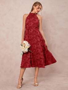 Amorya Đầm chữ A cổ yếm bằng vải jacquard dệt họa tiết thanh lịch dành cho nữ, thích hợp cho mùa xuân/hè. - Đỏ - Xem 5