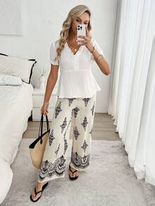 Isle Nomé White Women's Cute V Neck Blouse With Puff Short Sleeves And Ruffle Hem Regular Top - White - View 4