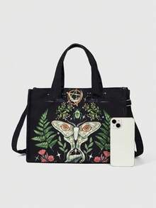 ROMWE Goth Moth Plant Print Large Capacity Handbag, Adjustable Shoulder Strap Black Crossbody Bag, Y2K Aesthetic Handbag, Suitable For Schools And Arts Events - Green Black - View 3