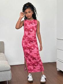 SHEIN 少女休闲时尚军绿色针织迷彩褶皱腰部无袖连衣裙，母女装 - 彩色 - 查看 3