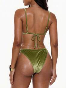 Swim Vcay Women's Summer Beach Floral Embroidery Sexy Bikini Set - Green - View 2
