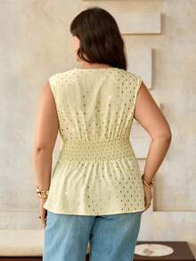 Roveilla Plus Size Women's Elegant Summer Butter Yellow Foil Print Sleeveless Blouse, Vintage A-Line Shirred Shoulder Ruched Cinched Waist Peplum Tops Brunch - Yellow - View 2