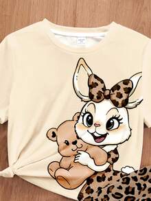 Tween Girls 2pcs White Summer Cute Home Wear Sleep Set,Leopard Bow Animal Rabbit & Bear Print Short Sleeve T-Shirt & Shorts,Comfy Casual Girly Style - Multicolor - View 4