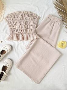 SHEIN Bộ đồ đôi nữ tuổi teen phong cách thường ngày, chất liệu vải dệt họa tiết kaki, kiểu áo quây buộc dây phía trước kẻ sọc nhún bèo và quần ống rộng cạp thấp có dây rút, thích hợp cho mùa hè, chụp ảnh đường phố, ăn trưa. - Màu Khaki - Xem 9
