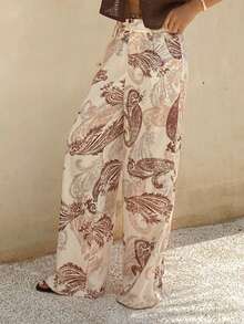 Livesso Women's Casual Paisley Print Wide Leg Pants - Brown - View 3