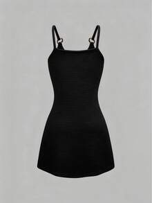 SHEIN Swim Lushore Women's Summer Vacation Beach Solid Color Textured Fabric High Stretch Sleeveless Buttoned Decor Coverup Dress - Black - View 8