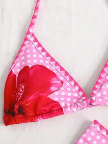 SHEIN Teenager Mädchen Bikini-Set mit Blume Muster und Kontrastbesatz am Neckholder, modisch, lässig, süß für den Urlaub - Pink - Übersicht 4